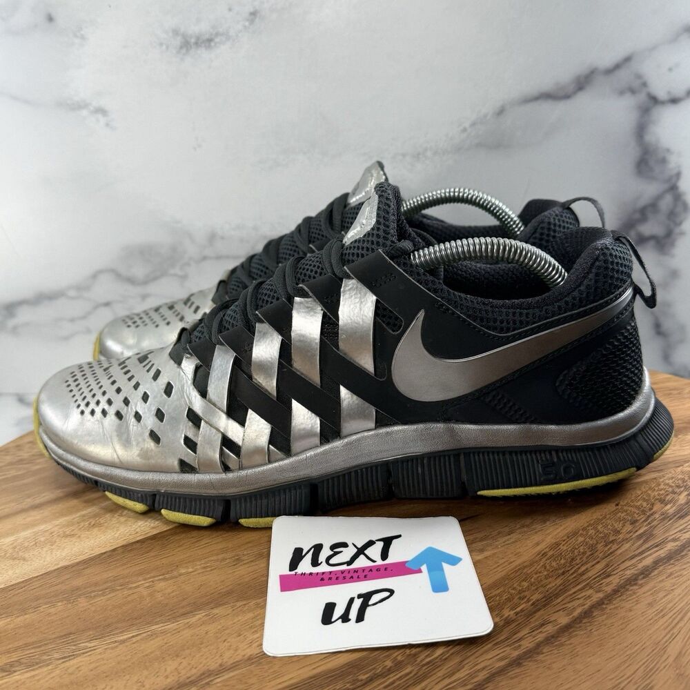 Men’s 9.5-Nike Free Trainer 5.0 ‘Super Bowl’ Silver Black Running Shoes Sneakers